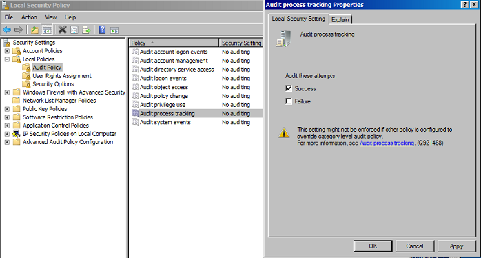 Image of local security policy window with Audit process tracking settings enabled