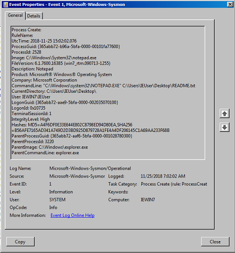 Sysmon log event relating to the opening of notepad.exe that provides more information