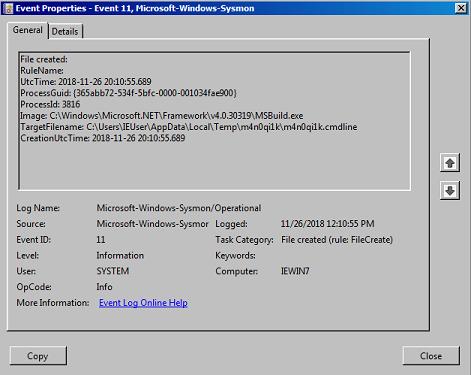 Windows event log for Sysmon event ID 11 showing file creation