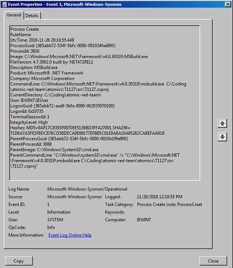 Windows event log for Sysmon event 1 showing the process metadata including file hashes