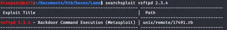 Searchsploit for vsftpd 2.3.4