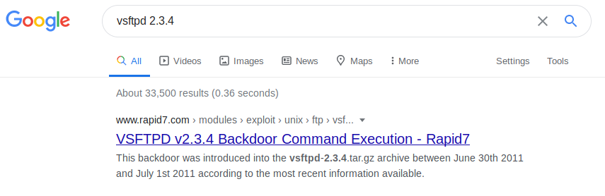 Google results for vsftpd 2.3.4